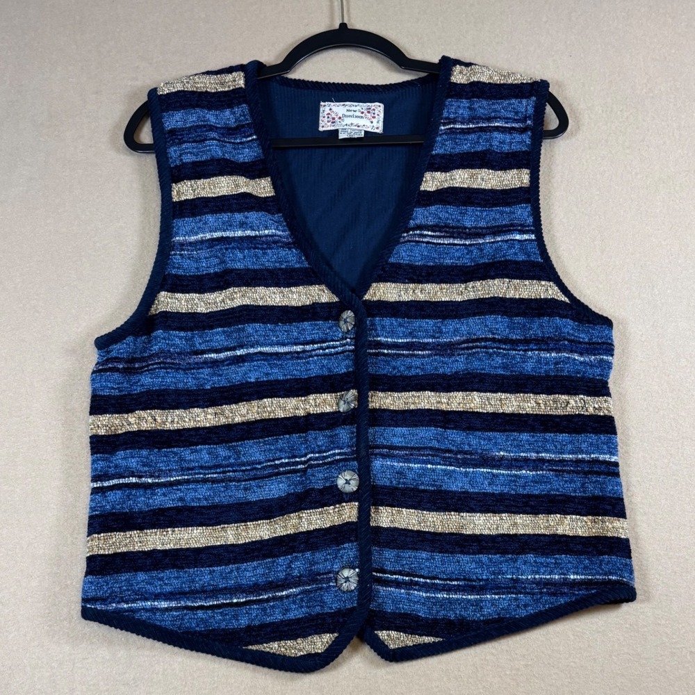 Vintage New Directions Womens Blue Striped Chenille Corduroy Tie Back Vest M